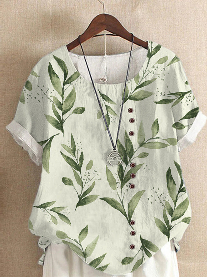 Vintage Linen Cotton Fashion Print Loose T-shirt