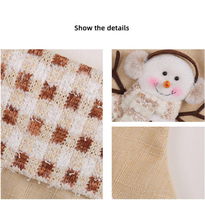 Snowman Christmas Stocking with Checkered Stripe Cuff Gift Bag