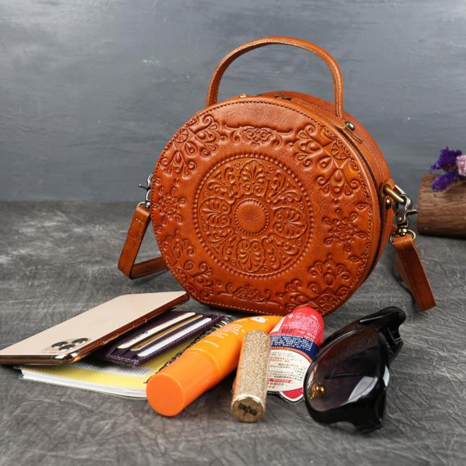 Genuine Leather Vintage Small Round Crossbody Shoulder Bag