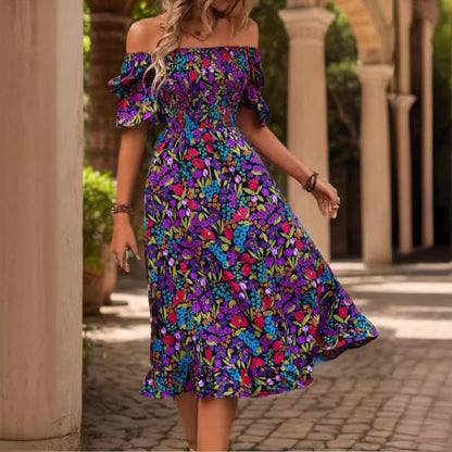 Off-Shoulder Bell Sleeve Floral Dress