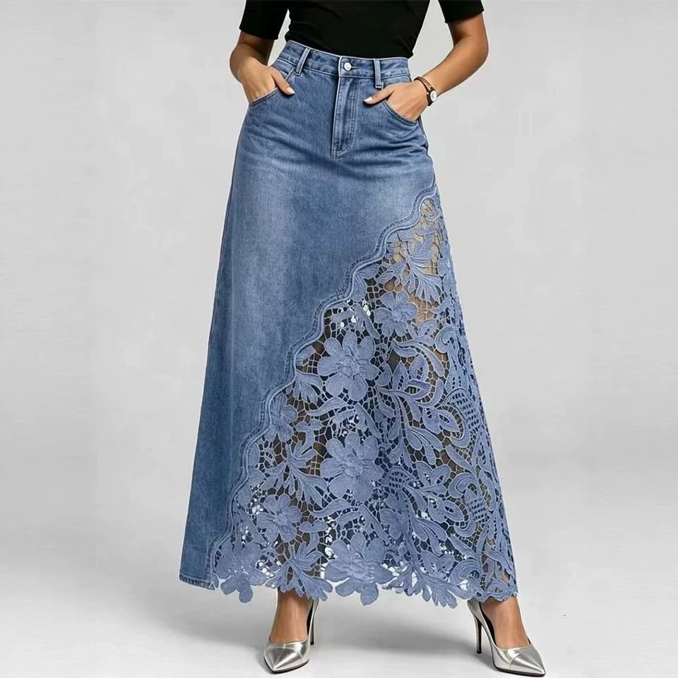 Patchwork-Maxirock aus Denim mit hoher Taille und Spitze