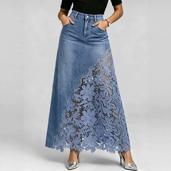 Patchwork-Maxirock aus Denim mit hoher Taille und Spitze