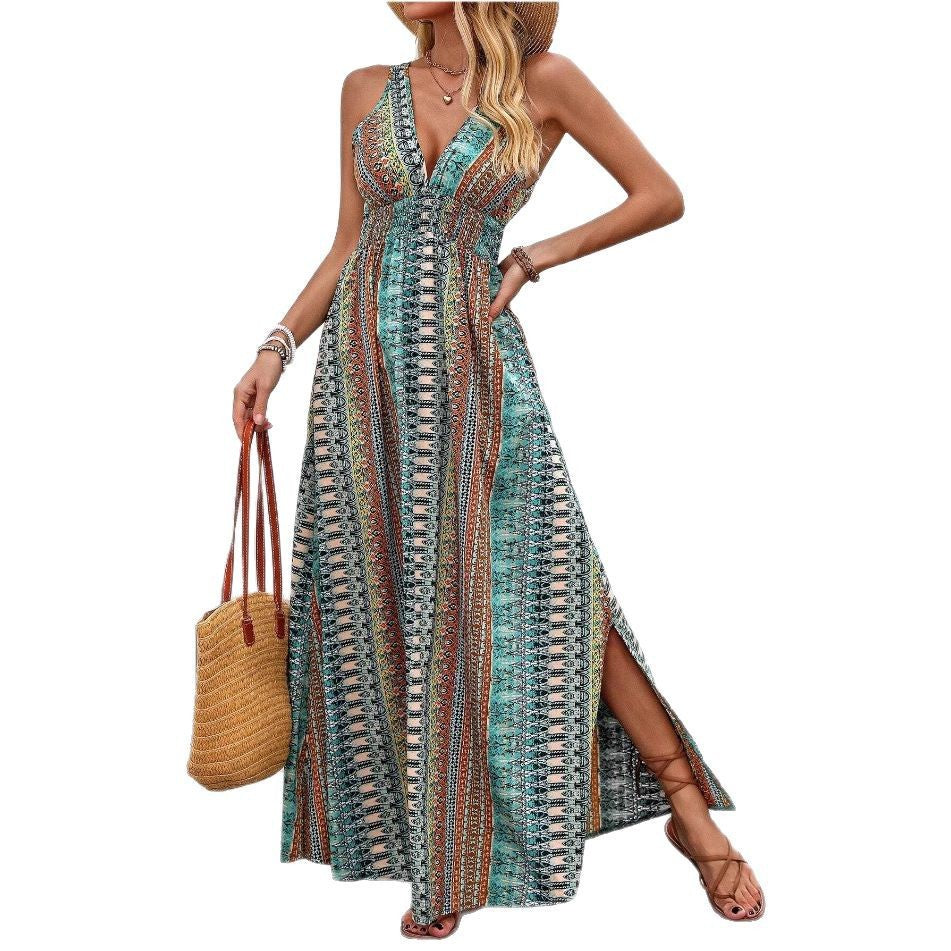 Vestido de férias de praia de decote em V de pescoço e de-deco