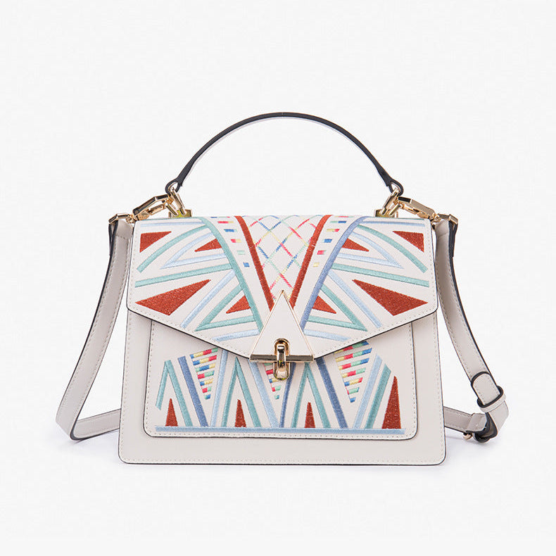 Genuine Leather Embroidered Top Handle Shoulder & Crossbody Bag