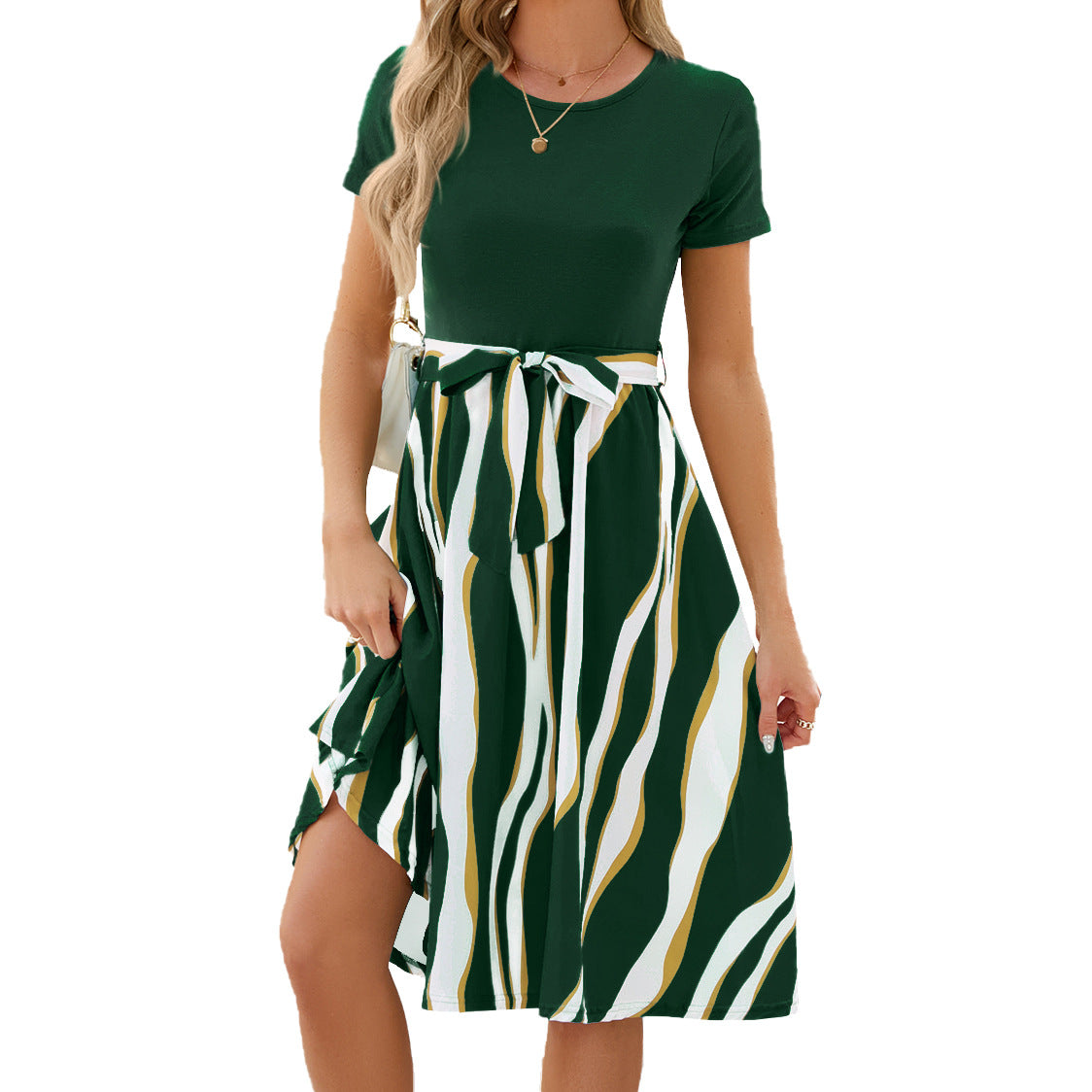 Round Neck Spliced Print Short Sleeve Swing Dress