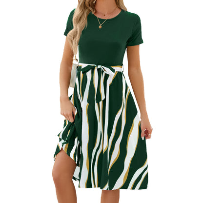 Round Neck Spliced Print Short Sleeve Swing Dress