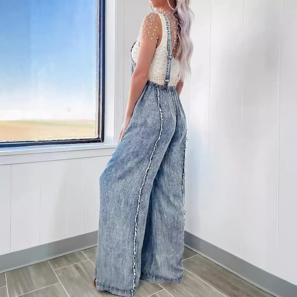 Vintage Washed Loose Fit Strap Wide-Leg Jumpsuit