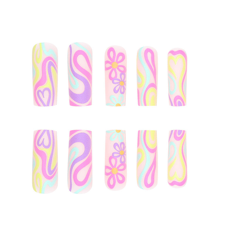 Multicolor Line Art Flower Doodle Press-on Nails