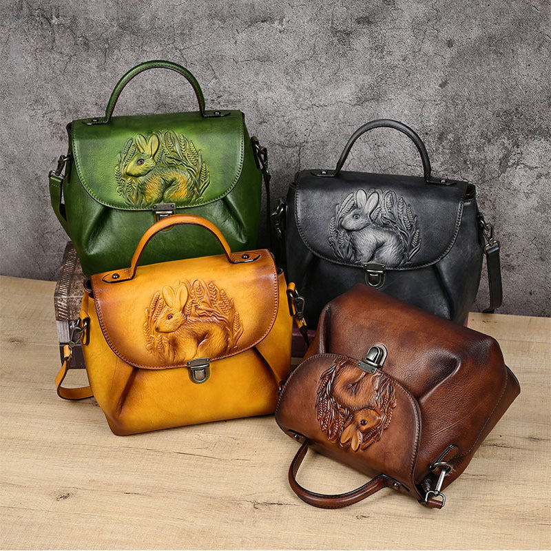 Playful Rabbit Embossed Leather Crossbody Bag