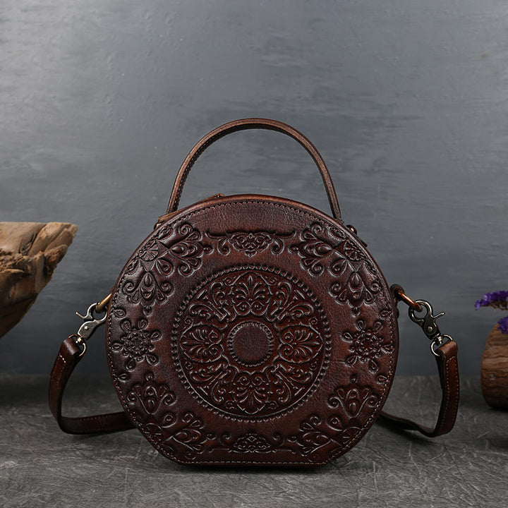 Genuine Leather Vintage Small Round Crossbody Shoulder Bag