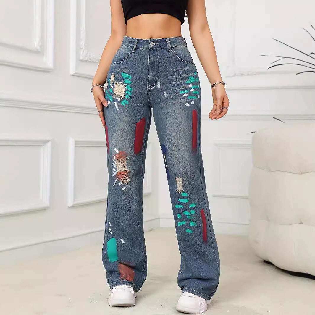 Vintage Colorful Graffiti Distressed Jeans