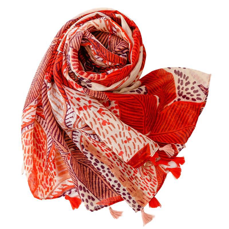 Orange-Red Leaf Floral Silk Scarf Shawl