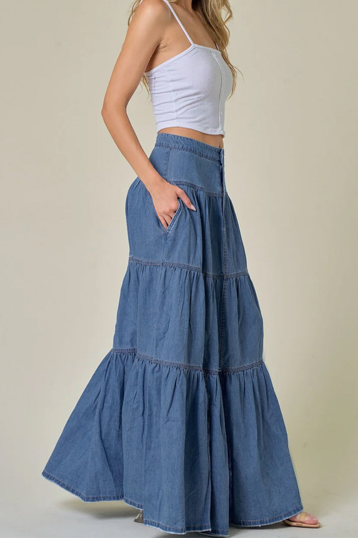 Distressed Vacation-Style Tiered Denim Skirt