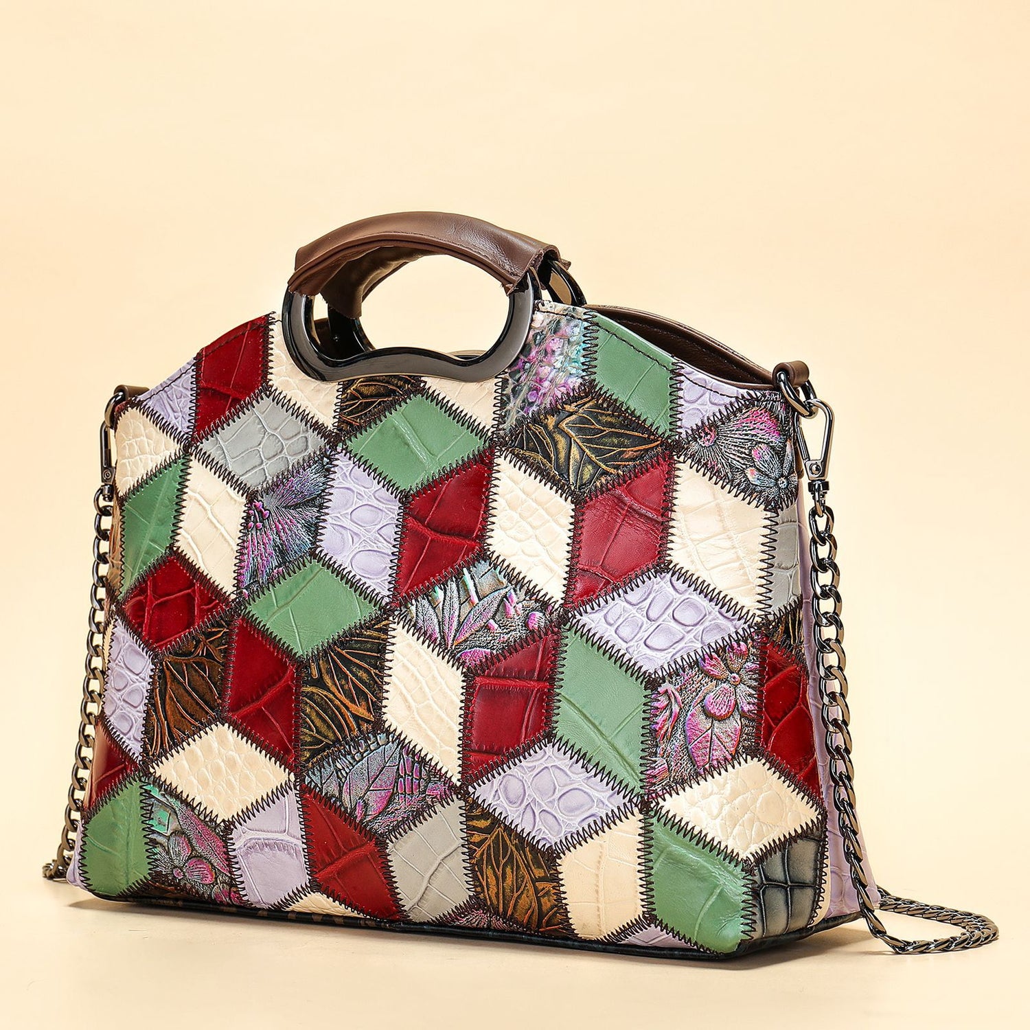 Cowhide Single Shoulder Retro Patchwork Colorful Messenger Bag