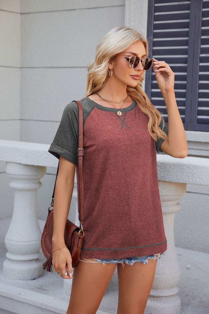 Color Block Round Neck Loose Fit Short Sleeve with Slit T-shirt