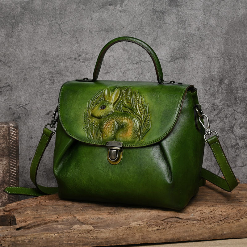 Playful Rabbit Embossed Leather Crossbody Bag