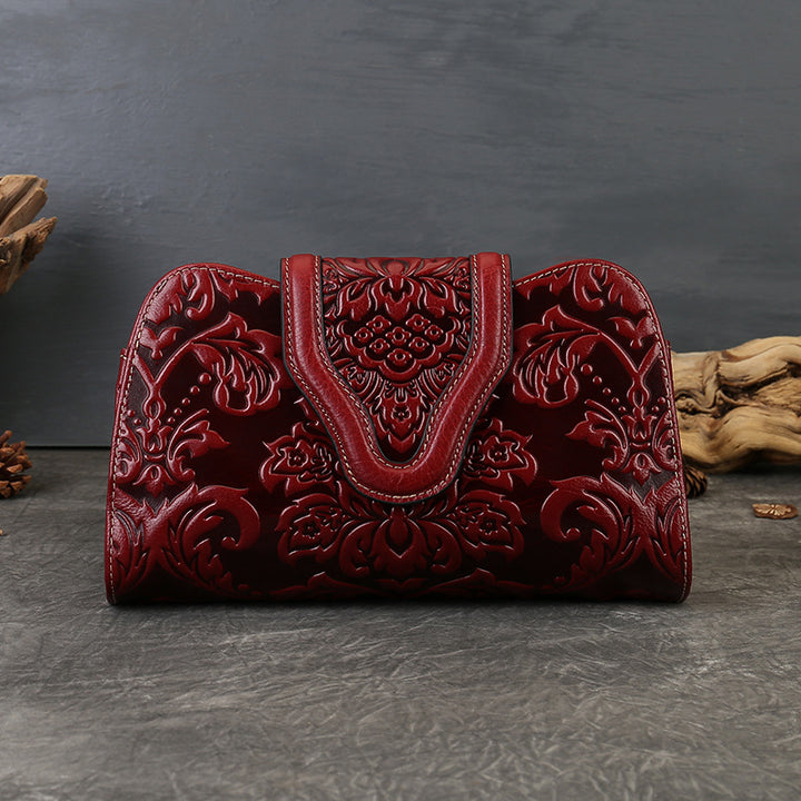 Genuine Leather Embossed Floral Clutch Crossbody Bag