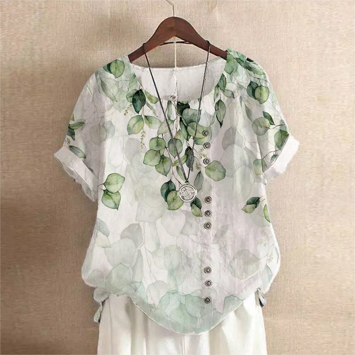 Vintage Linen Cotton Fashion Print Loose T-shirt