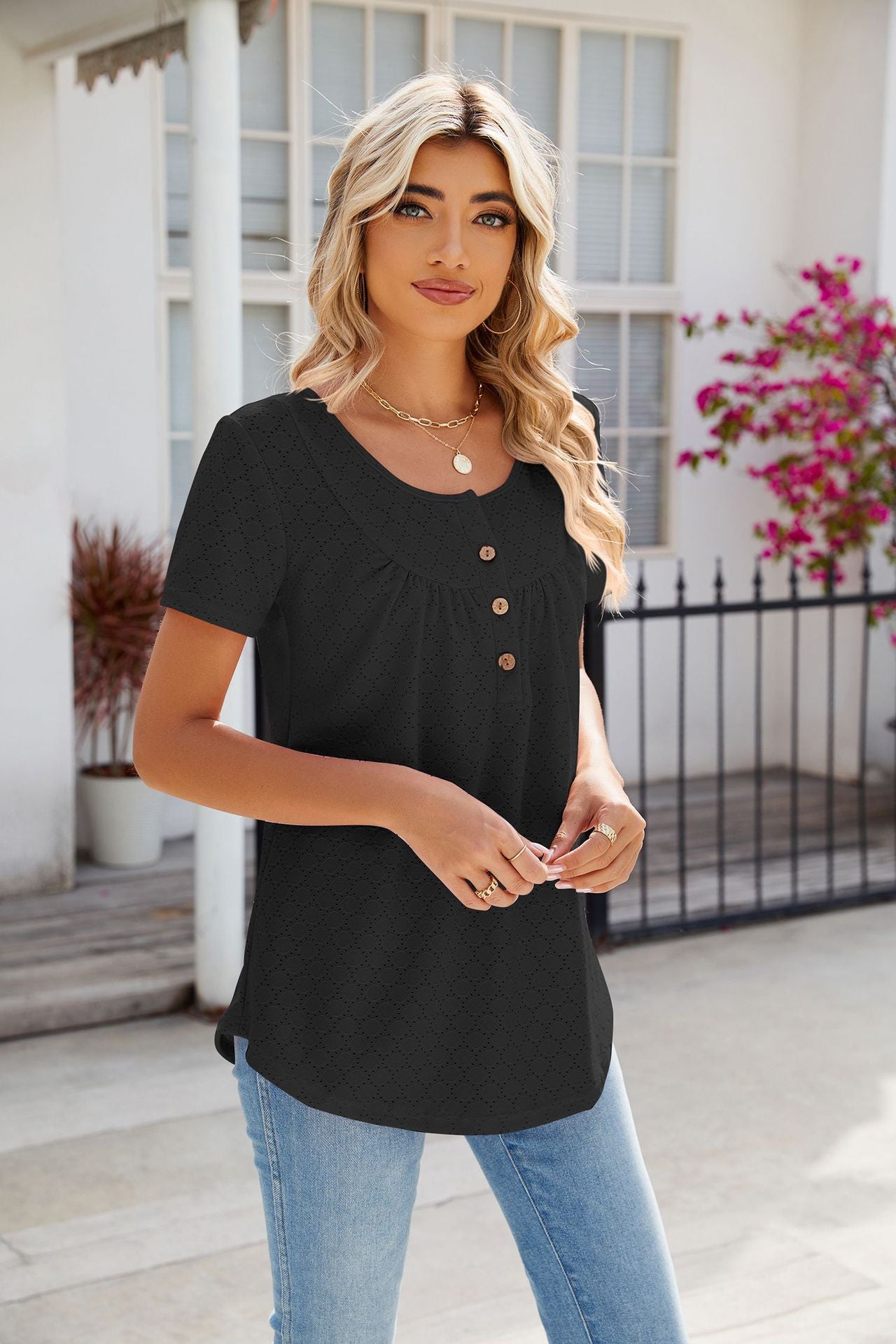 Solid Color Round Neck Loose Fit with Buttons T-shirt