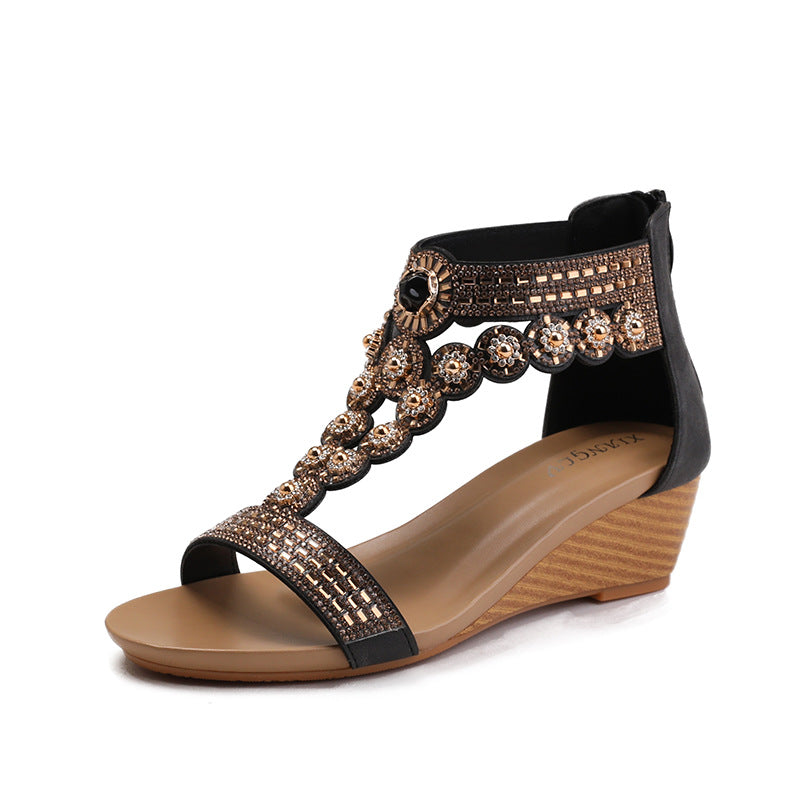 Boho Rhinestone Wedge Sandals