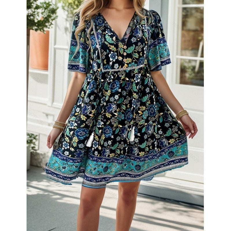 Robe à manches courtes imprimées de vacances à loisir