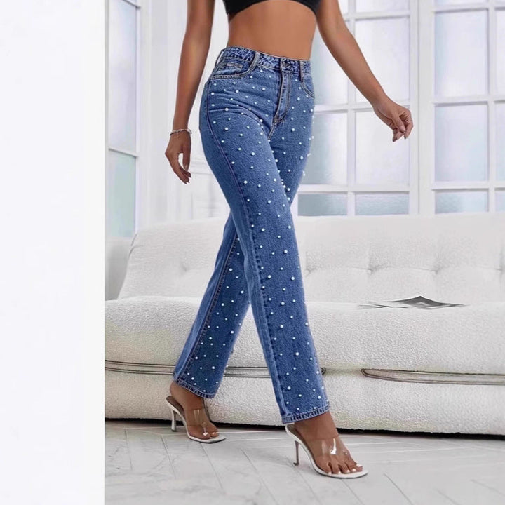 High Waist Pearl Embellished Straight Leg Jeans