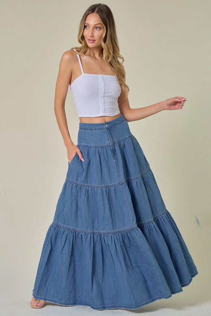 Distressed Vacation-Style Tiered Denim Skirt