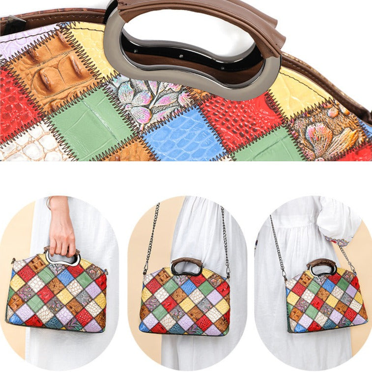 Cowhide Single Shoulder Retro Patchwork Colorful Messenger Bag