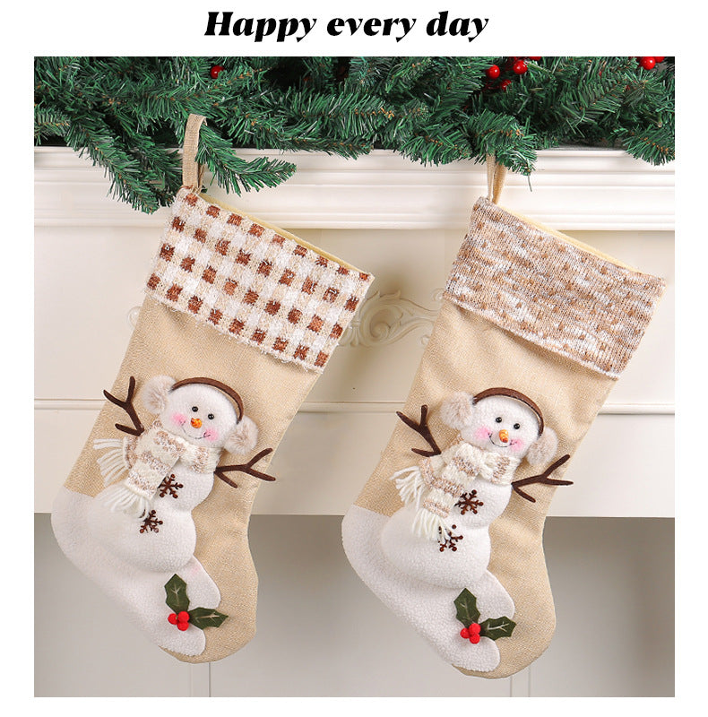 Snowman Christmas Stocking with Checkered Stripe Cuff Gift Bag