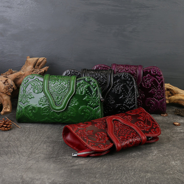 Genuine Leather Embossed Floral Clutch Crossbody Bag