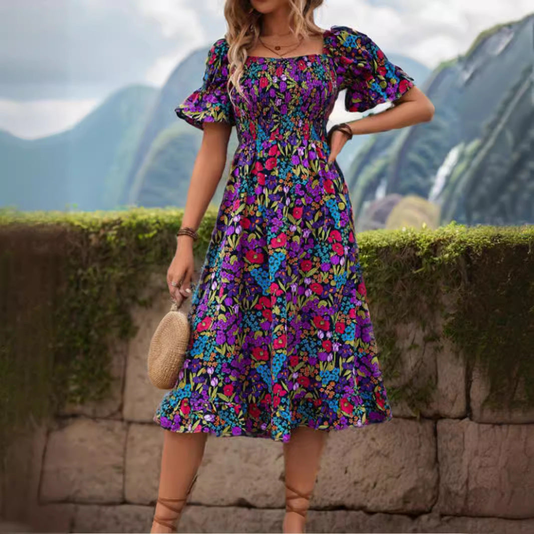 Off-Shoulder Bell Sleeve Floral Dress