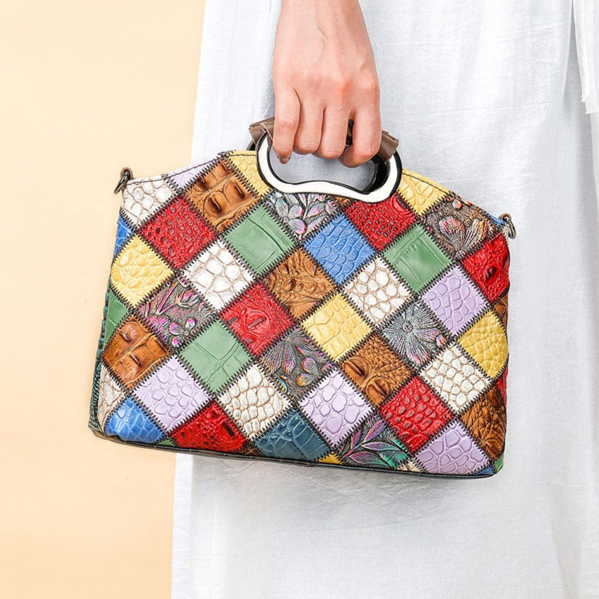 Cowhide Single Shoulder Retro Patchwork Colorful Messenger Bag