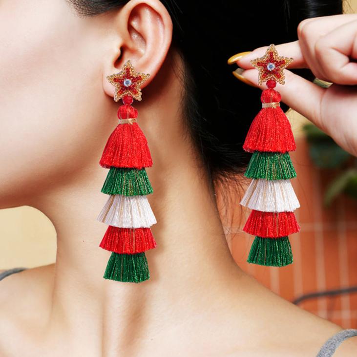 Handmade Beaded Christmas Santa Tassel Pearl Earrings