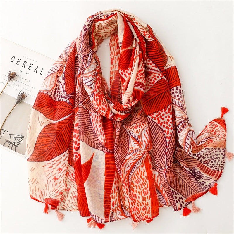 Orange-Red Leaf Floral Silk Scarf Shawl