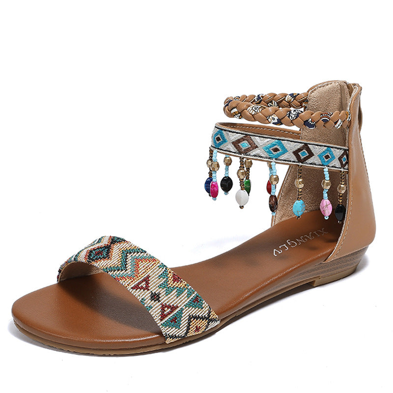 Summer Sandalias de vacaciones de comodidad con cuentas de estilo bohemio para mujeres