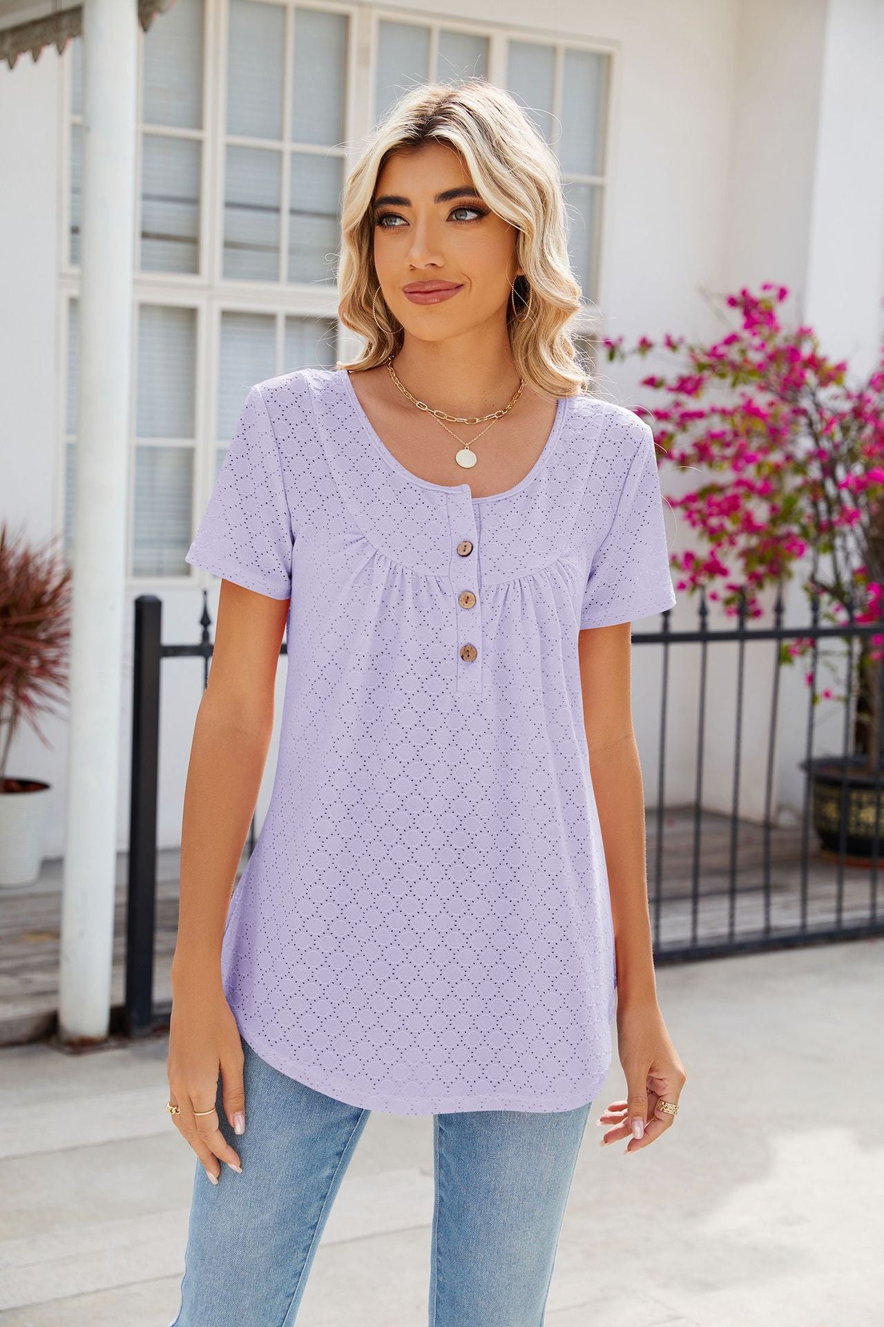 Solid Color Round Neck Loose Fit with Buttons T-shirt