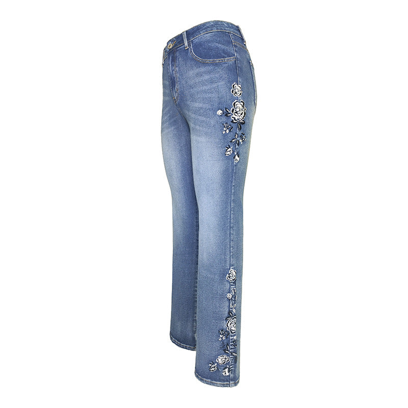 Vintage High-Waisted Embroidered Flared Slim Pants