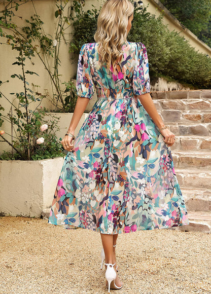 Elegant V-Neck Chiffon Printed Dress