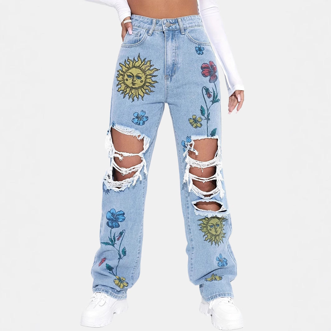 Fashion Ripped Printed Straight-Leg High-Waist Slimming Jeans
