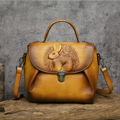 Playful Rabbit Embossed Leather Crossbody Bag