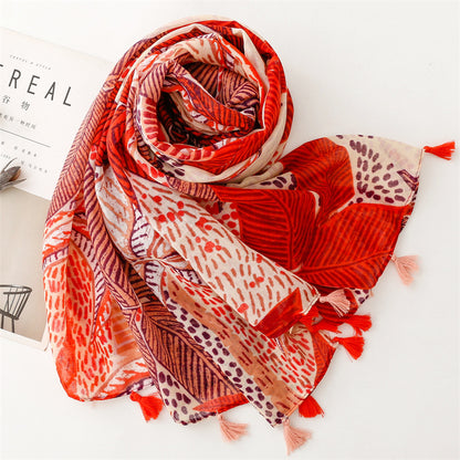 Orange-Red Leaf Floral Silk Scarf Shawl