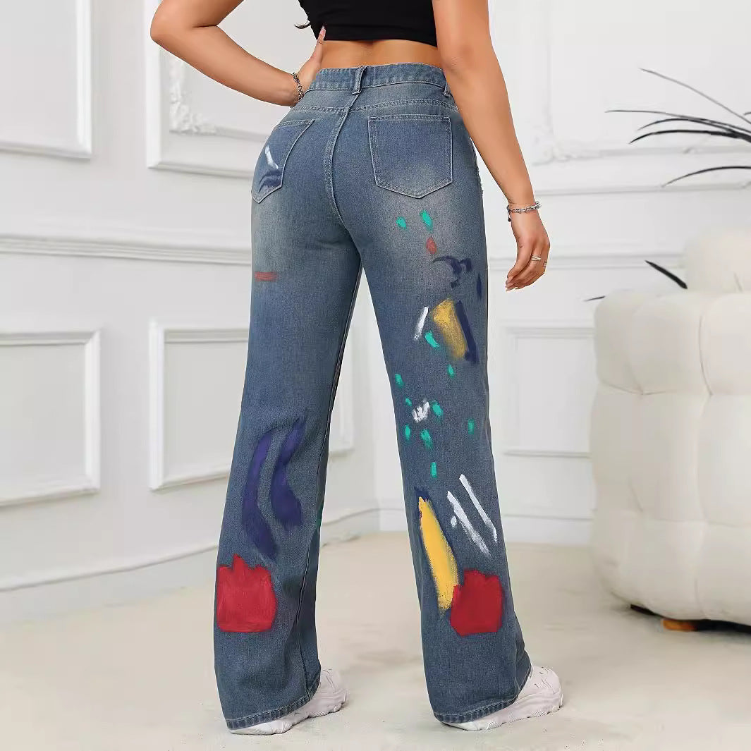 Vintage Colorful Graffiti Distressed Jeans