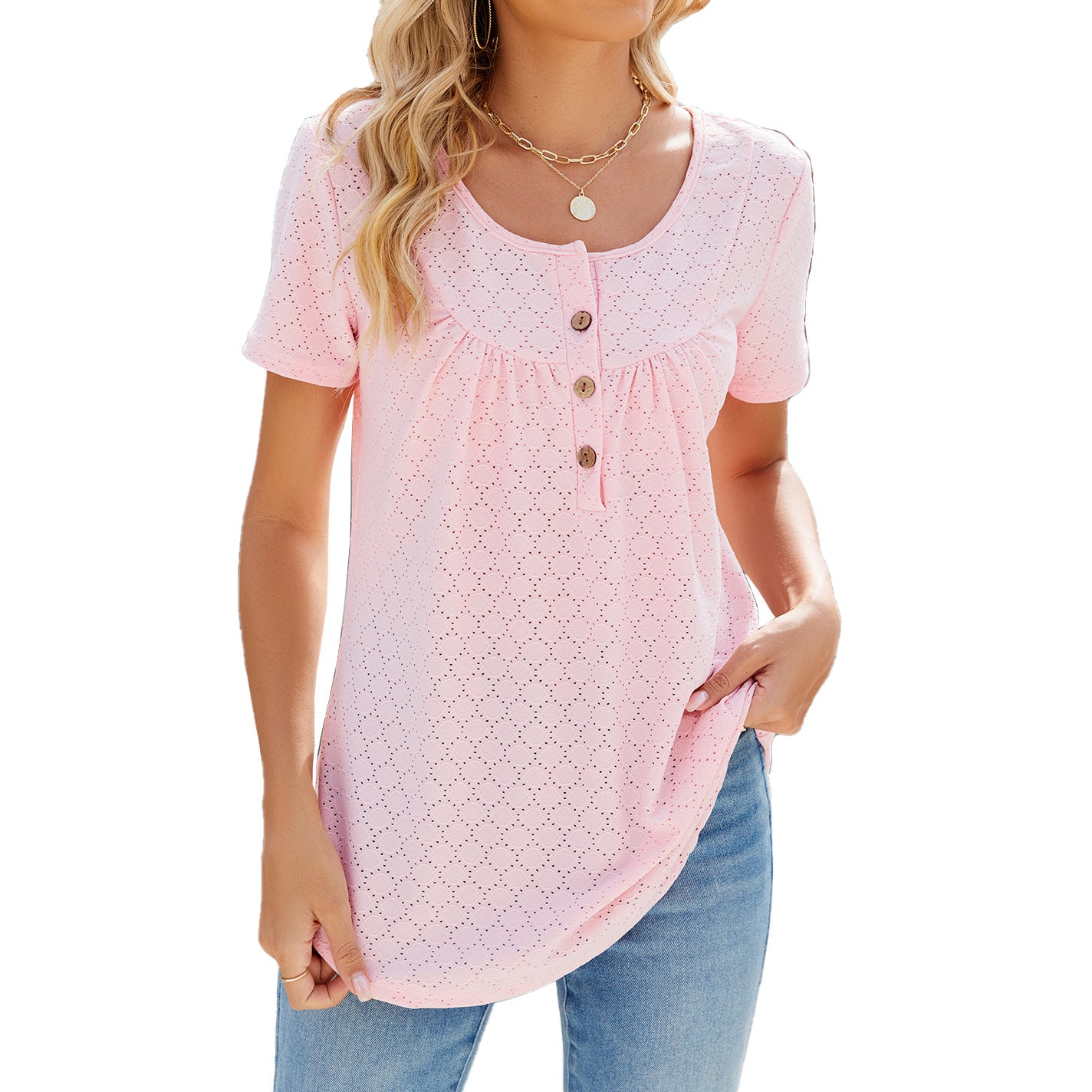 Solid Color Round Neck Loose Fit with Buttons T-shirt