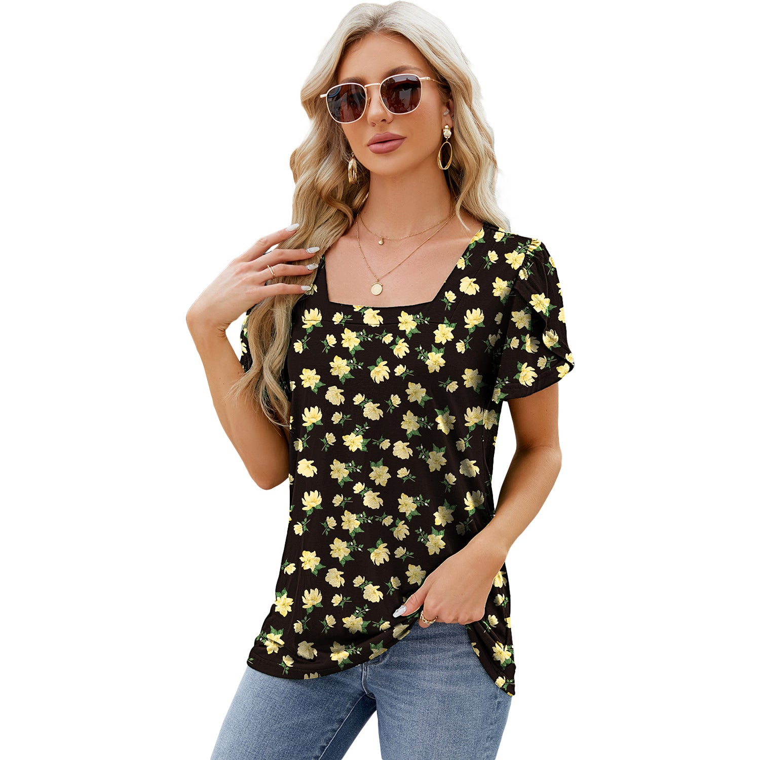 Fashionable Simple Square Neck Petal Print Loose T-shirt