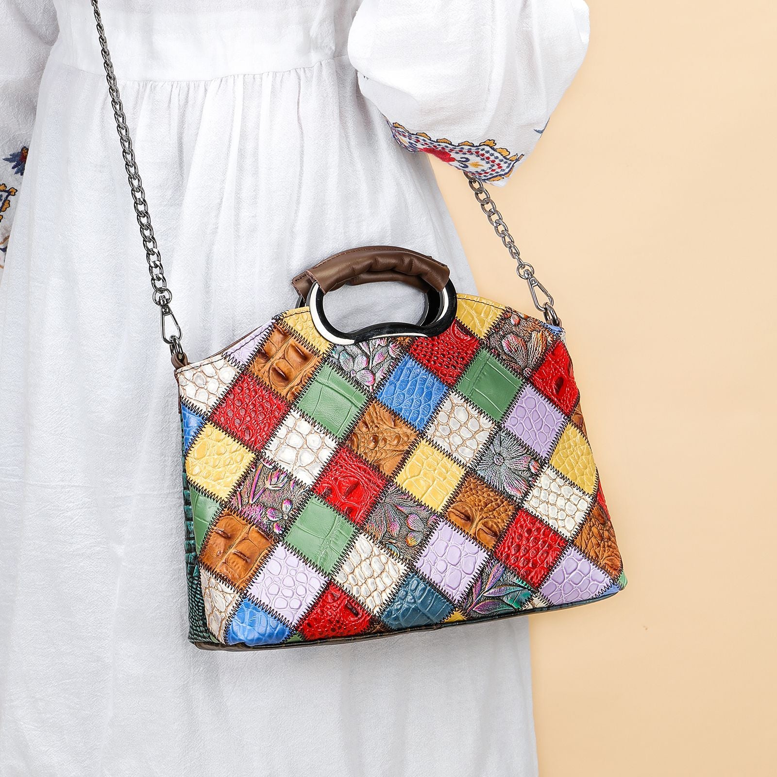 Cowhide Single Shoulder Retro Patchwork Colorful Messenger Bag