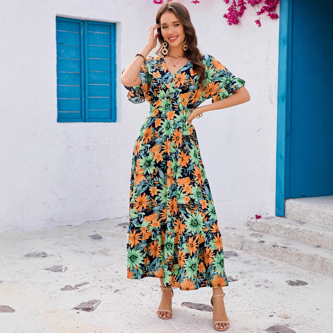Ruffled V-Neck Cinched-Waist Bohemian Dress
