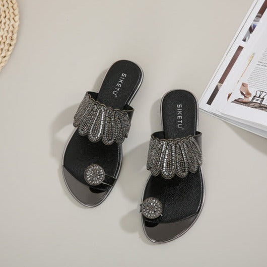 Rhinestone Comfortable Versatile Beach Flat Sandals