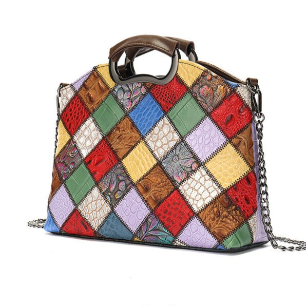 Cowhide Single Shoulder Retro Patchwork Colorful Messenger Bag