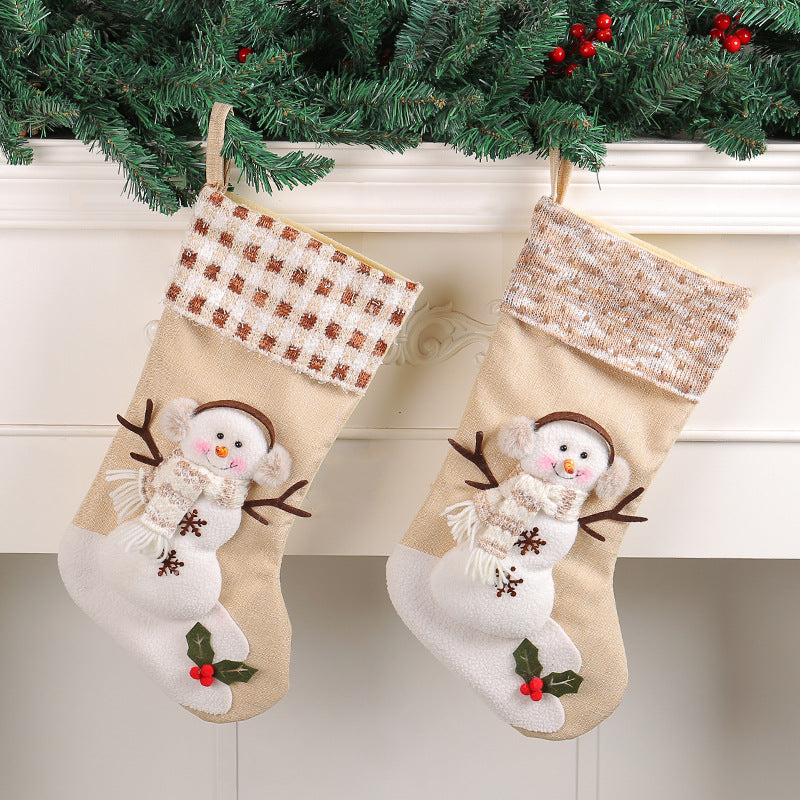 Snowman Christmas Stocking with Checkered Stripe Cuff Gift Bag