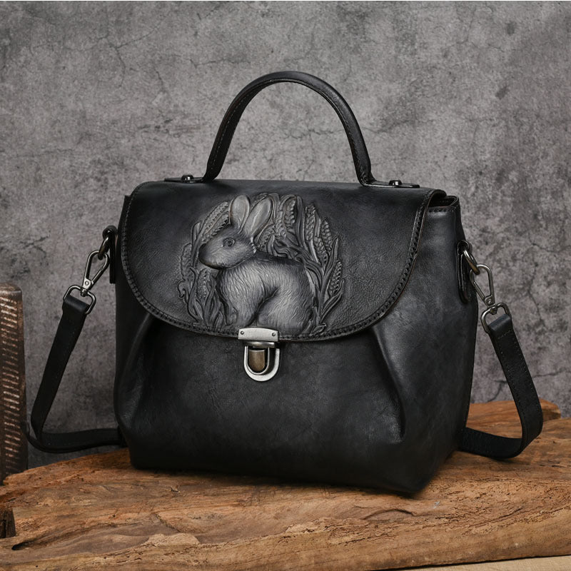 Playful Rabbit Embossed Leather Crossbody Bag